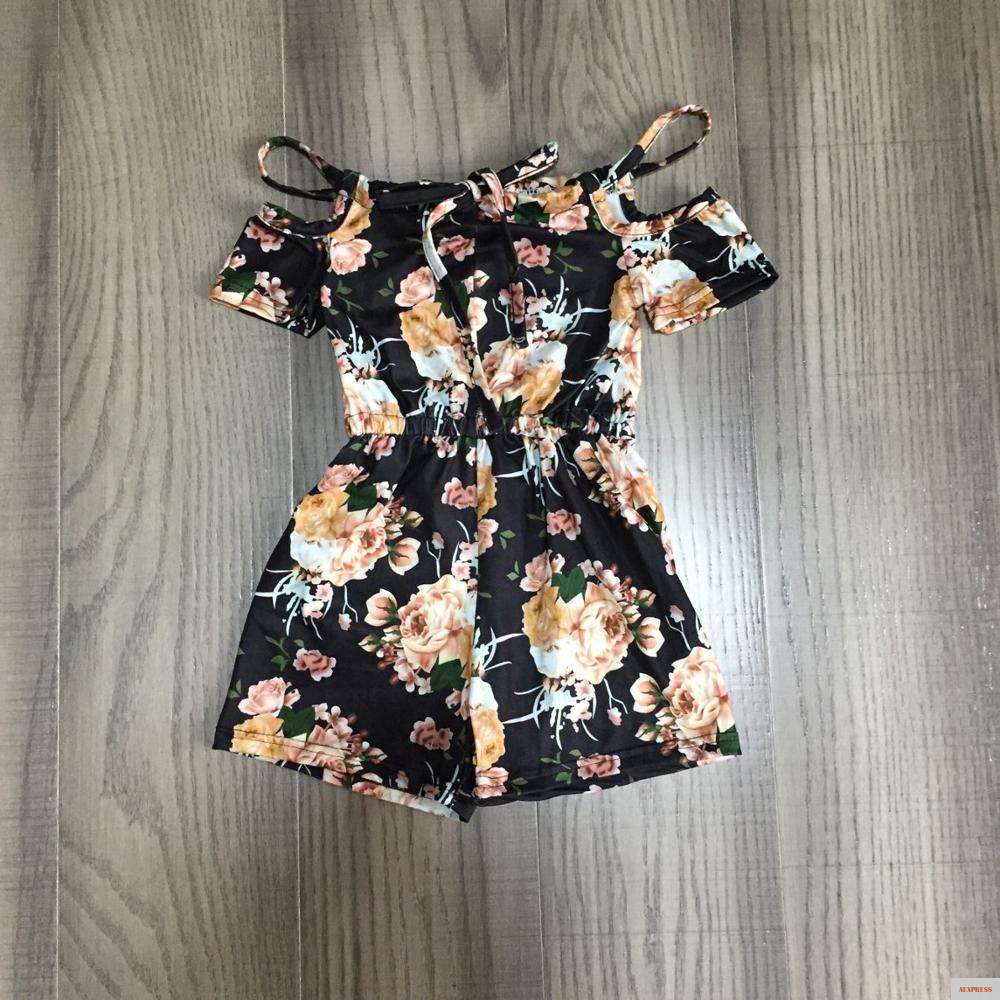 Фото Girlymax girls clothes milk silk halter ruffle Summer black floral off shoulder cotton baby One-piece garment jumpsuit | Мать и ребенок